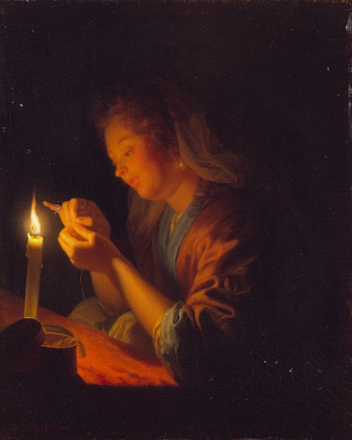 Girl threading a Needle by Candlelight